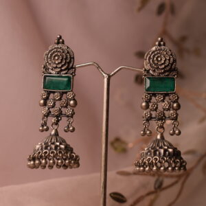 Pushap Green Stone Oxidized Jhumki